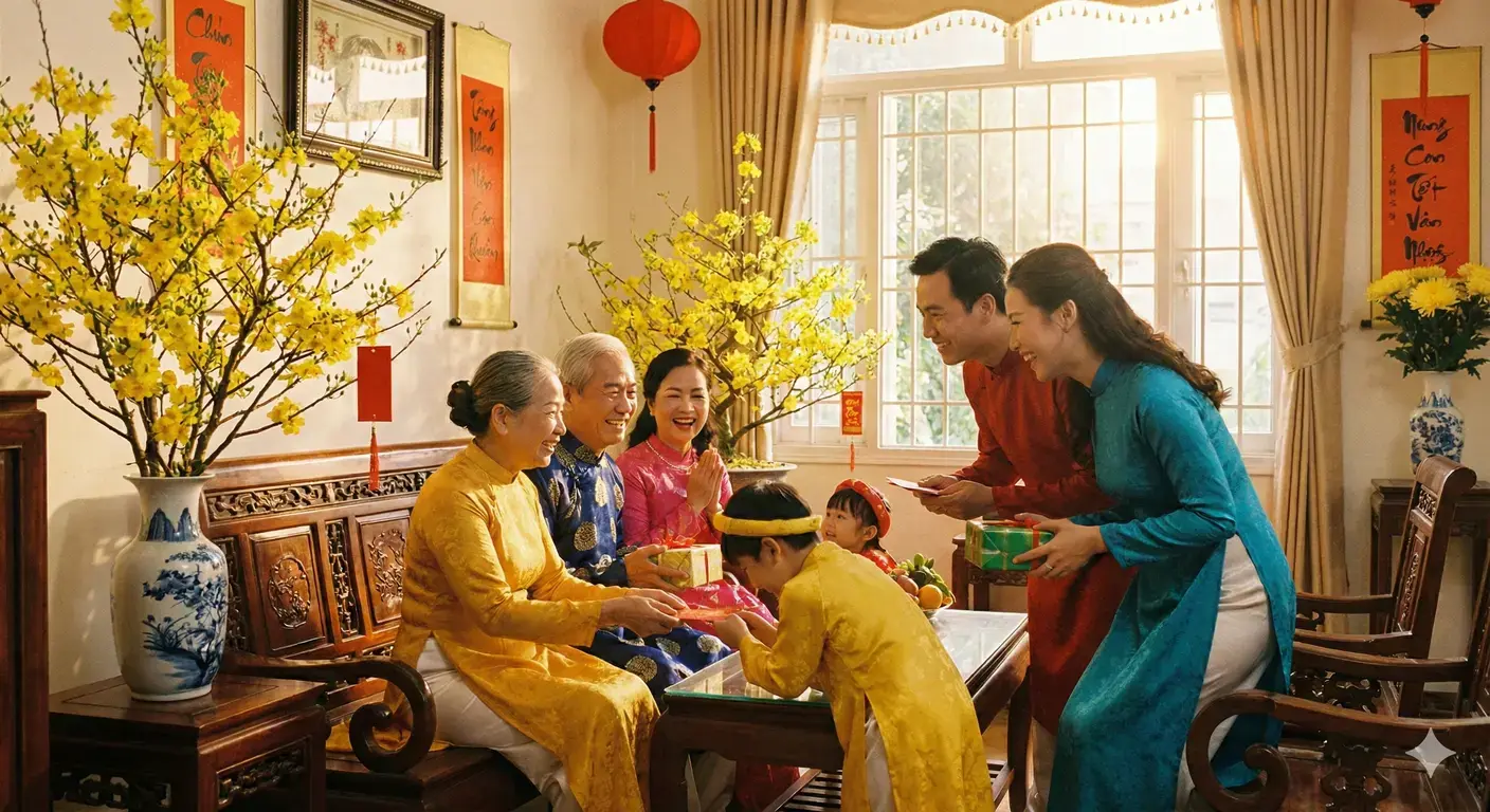 Gia đình quây quần trao nhau những lời chúc Tết ý nghĩa và phong bao lì xì đỏ thắm