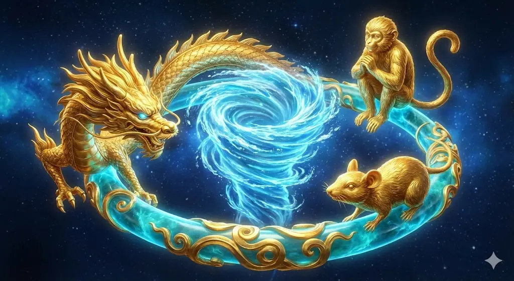 Sơ đồ minh họa bộ Thân Tý Thìn tam hợp, giải đáp câu hỏi tam hợp tuổi Tý gồm những con giáp nào.