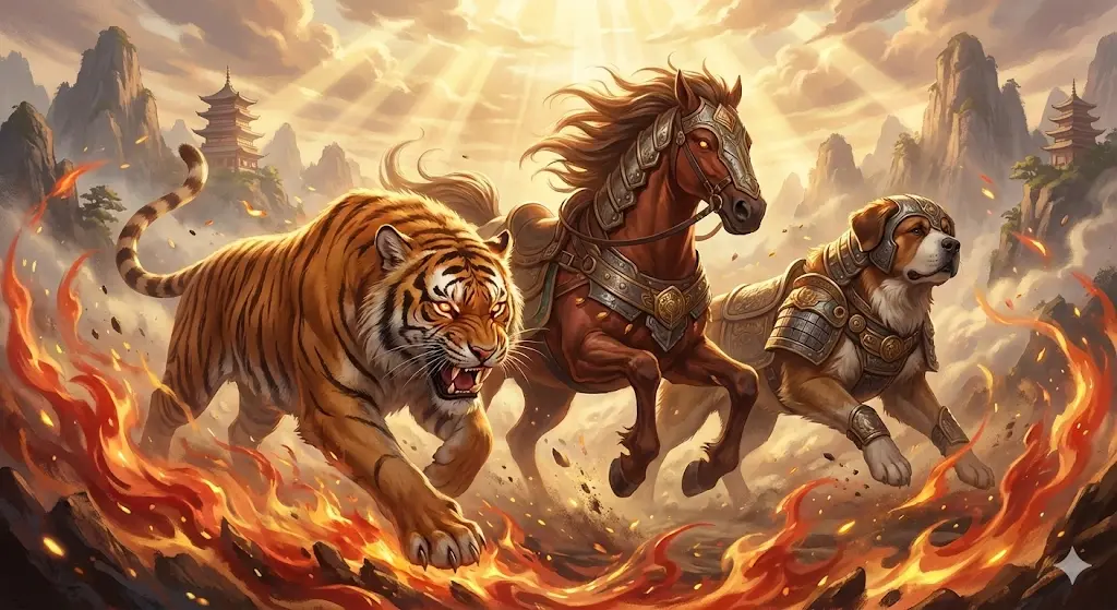 Hình ảnh nghệ thuật bộ ba linh vật tam hợp tuổi dần Dần - Ngọ - Tuất rực lửa, đại diện cho sức mạnh Tam Hợp Hỏa Cục giúp tuổi Dần thăng hoa năm 2026.