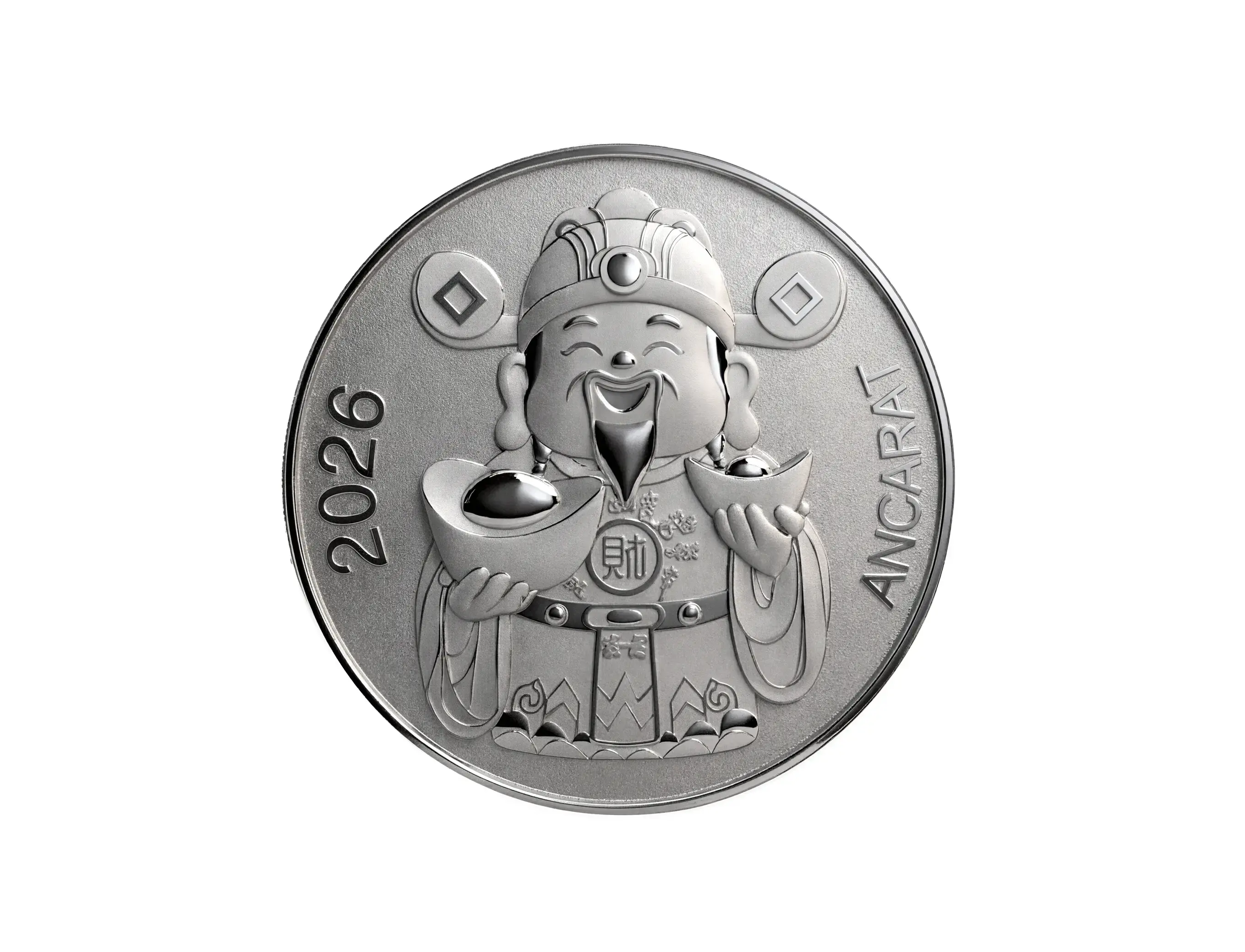 Cận cảnh ông Thần Tài với nụ cười hoan hỷ được đúc nổi 3D trên khối bạc 999 nặng 5 lượng, biểu tượng của đại phú đại quý.