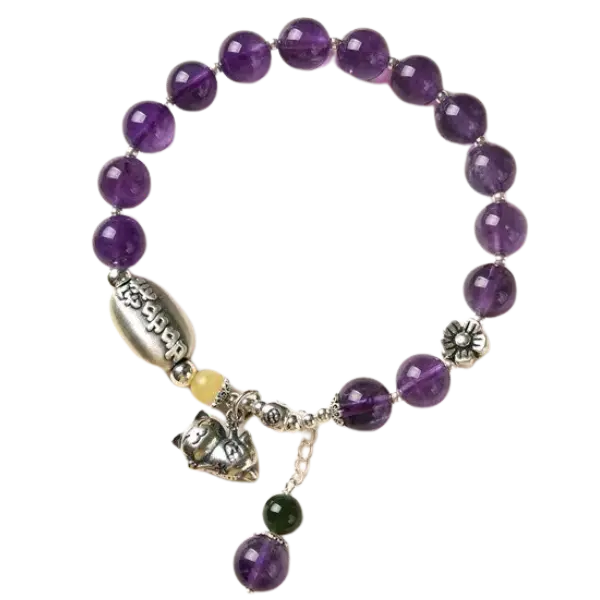 Vòng tay bạc  bình an, mèo chiêu tài mix thach anh tím