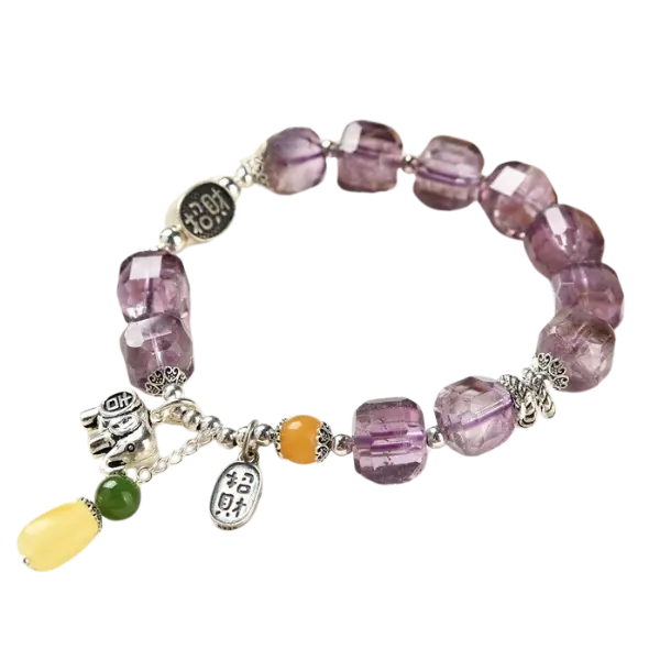 Vòng tay bạc may mắn bình an thạch anh tím cắt giác