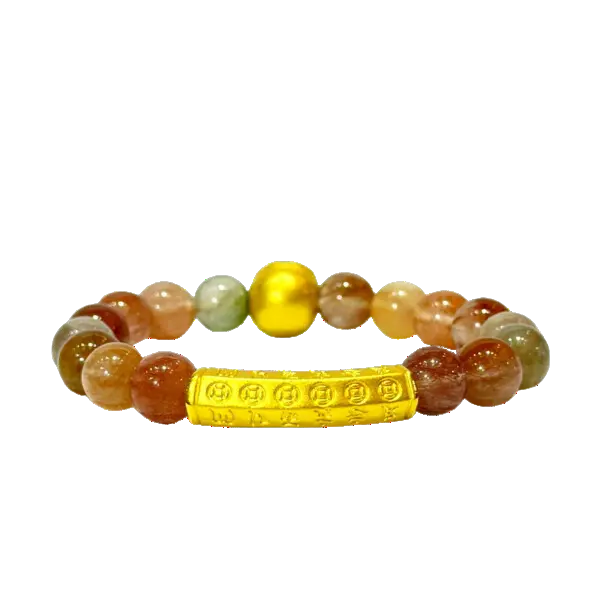 Vòng đá Thạch anh tóc tam tài phối Hột tròn phật di lạc mix Lắc Charm Lục tự đại minh chú