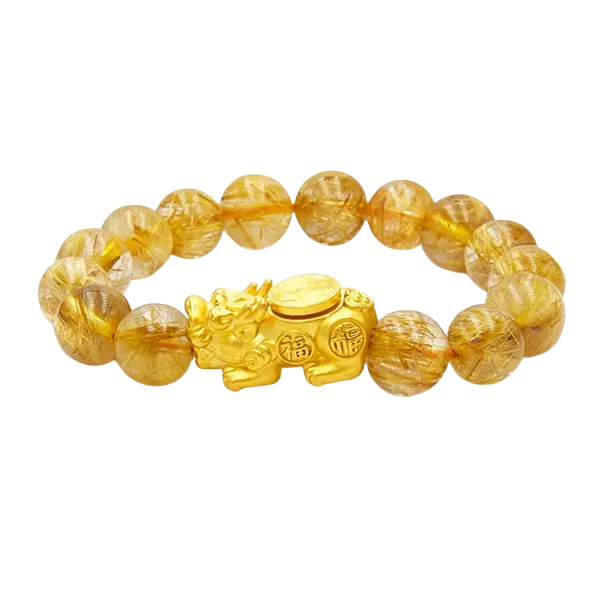 Vòng đá Thạch anh tóc phối charm Tỳ Hưu xoay khắc máy