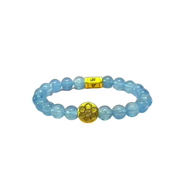 Vòng tay đá Aquamarine phối trụ lục giác minh chú mix hột hoa chữ Vạn