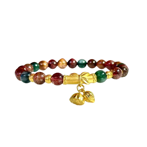 Vòng tay đá thạch anh tóc tam tài phối charm rơi búp sen mix Bi vàng