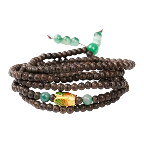 Vòng gỗ trầm hương mix charm vàng và đá phong thủy – May mắn – Bình an
