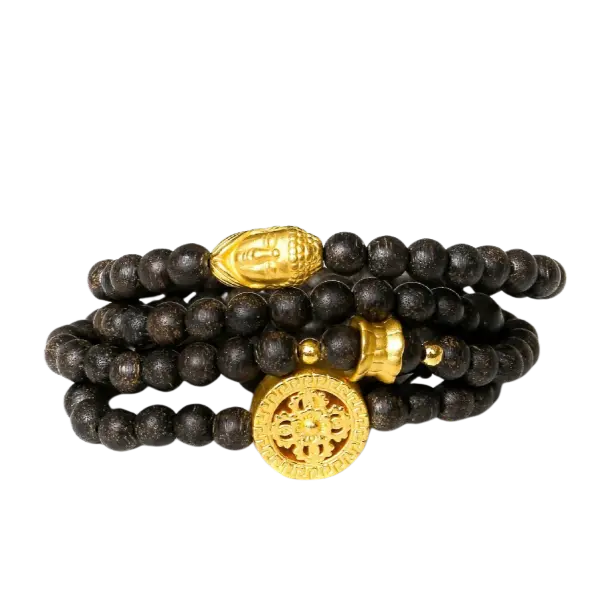 Vòng Trầm Hương 108 Hạt Mix Vàng 24k Phật Bình An