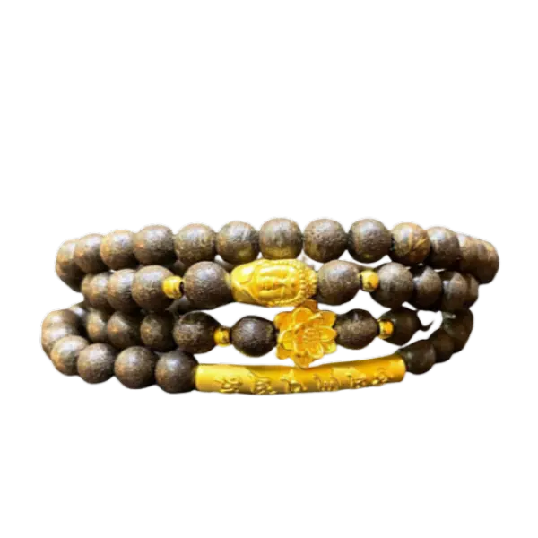 Vòng Trầm hương nâu đen Hoa sen phối Phật cổ áo mix lục tự đại minh chú