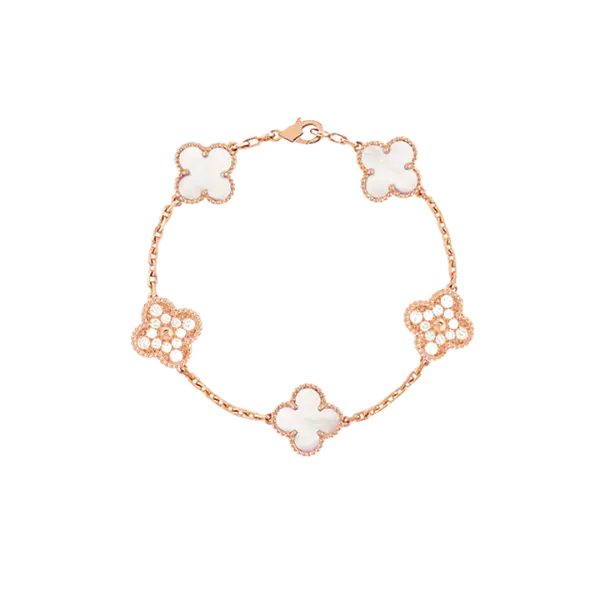 Lắc tay Vàng 18K Golden Leaf 5 hoa 15mm đính đá – Bản dày – Trắng