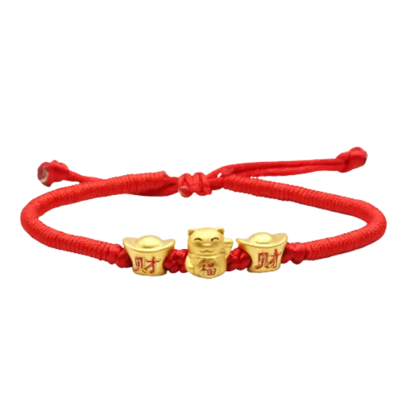 Vòng Tay Charm Vàng 24K Nén Vàng Phối Mèo Chiêu Tài