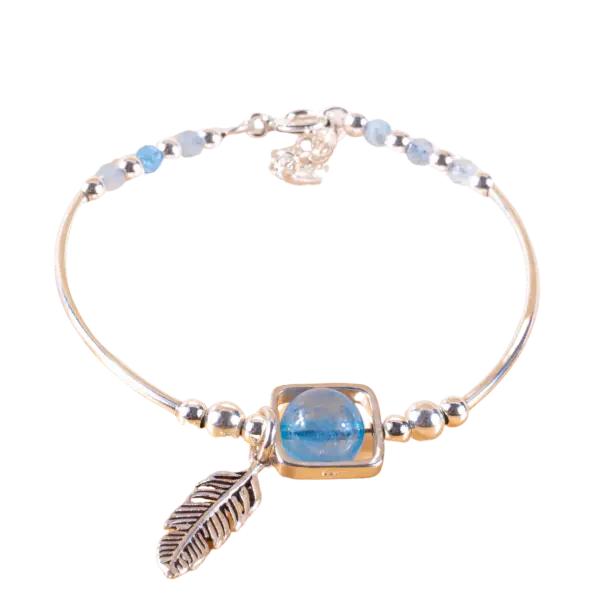 Vòng tay bạc đá Aquamarine mix lông vũ phong thủy