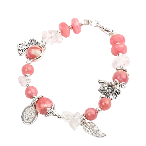 Vòng tay bạc đá đào hoa phối đá thạch anh trắng mix bạc