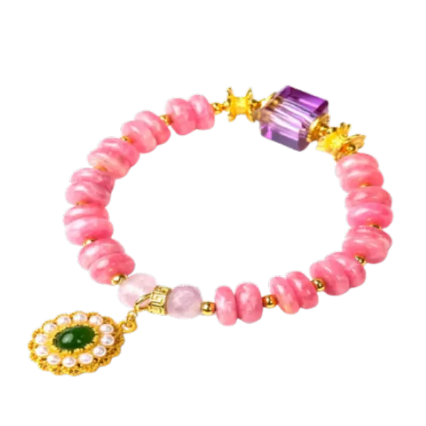 Vòng tay đá đào hoa phối ngọc hòa điền mix bạc