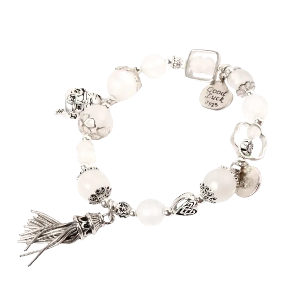 Vòng tay đá moonstone phối charm bạc mèo chiêu tài mix bạc