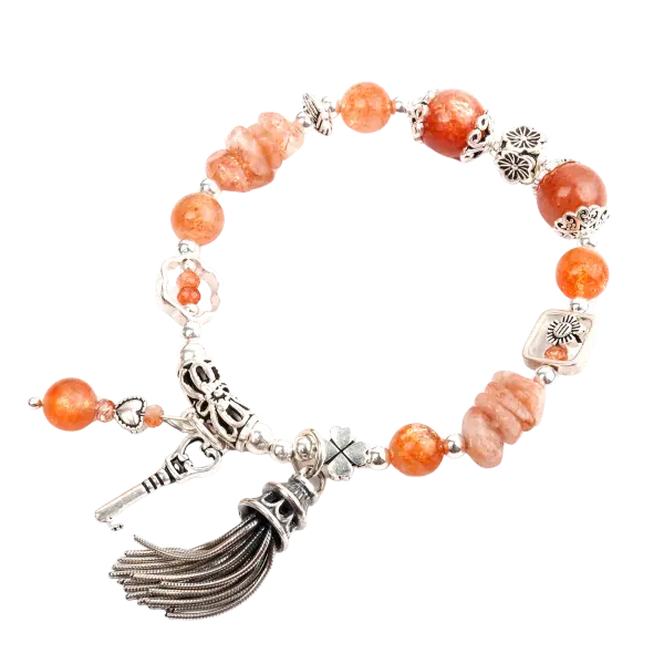 Vòng tay đá sunstone thiên nhiên phối charm khóa mix bạc
