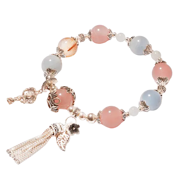 Vòng tay đá Thạch anh Dâu phối đá Aquamarine mix bạc