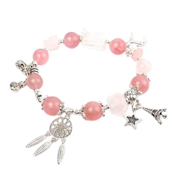 Vòng tay đá thạch anh hồng phối đá thạch anh trắng chuông gió mix bạc