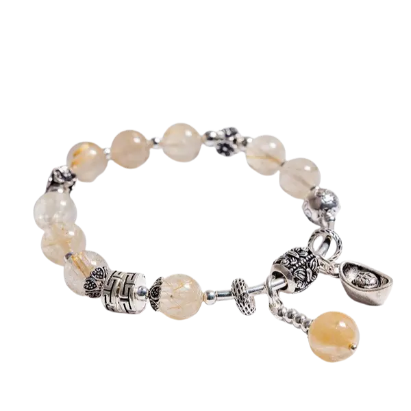 Vòng tay đá thạch anh tóc vàng mix charm bạc nén vàng – May mắn