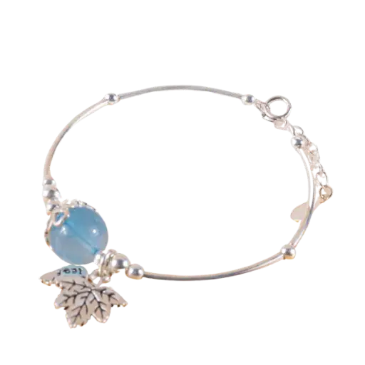 Vòng tay bạc đá Aquamarine mix charm lá cây
