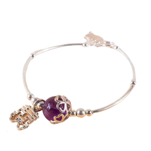 Vòng tay bạc đá thạch anh tím mix charm bạc phong thủy – tình duyên