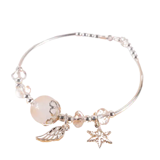 Vòng tay bạc đá ưu linh trắng mix charm bạc