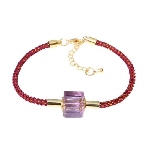 Vòng tay dây vải phối charm ngọc tím bọc bạc cao cấp mix bạc