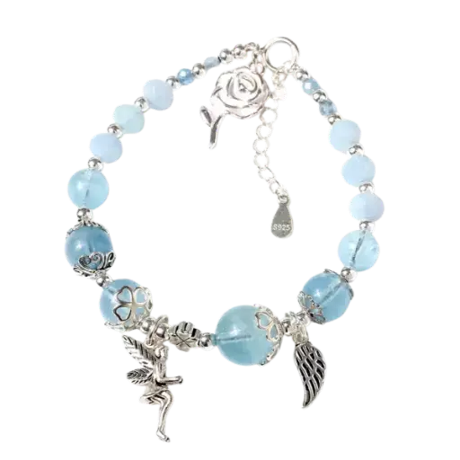 Vòng tay đá Aquamarine phối charm thiên thần mix bạc