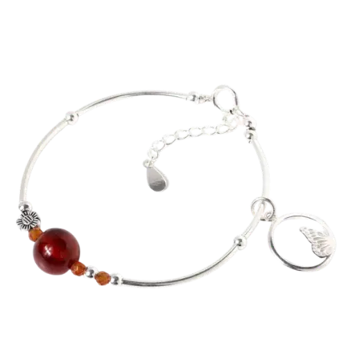 Vòng tay đá garnet thiên nhiên phối charm bạc mix bạc