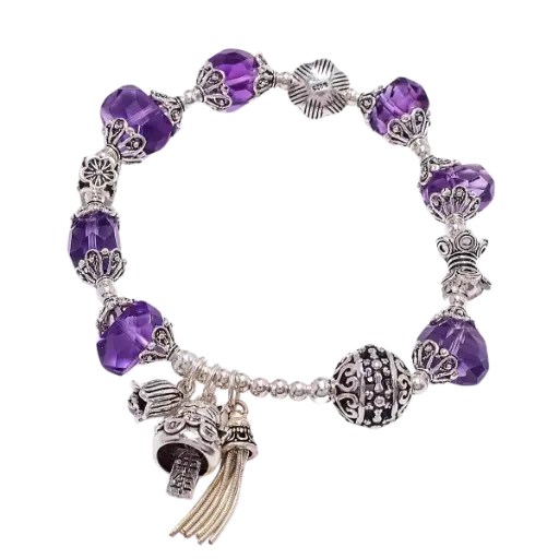 Vòng tay đá thạch anh tím phối charm bạc mèo chiêu tài