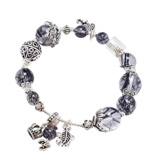 Vòng tay đá Thạch anh tóc đen phối charm vương miện