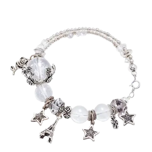 Vòng tay đá Ưu linh trắng phối charm tháp eiffel