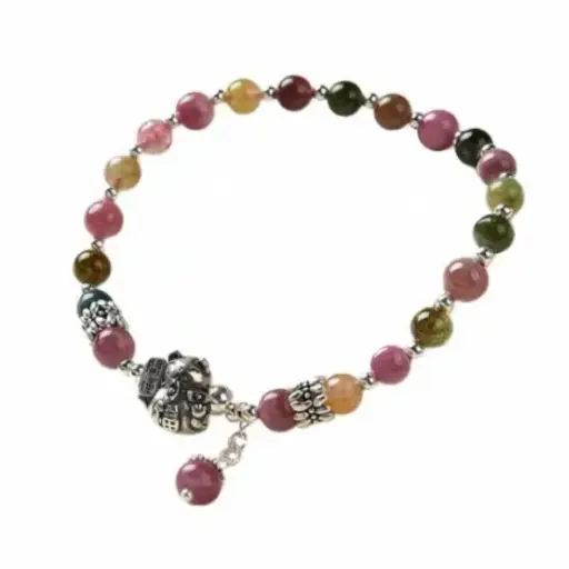 Vòng tay bạc mèo chiêu tài mix đá tourmaline