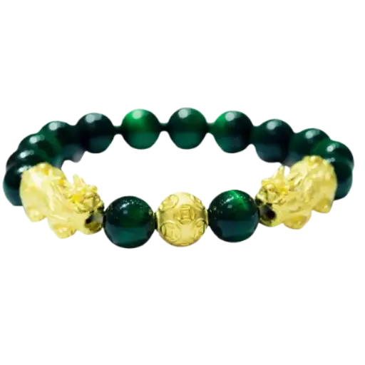 Vòng đá Mắt hổ xanh lá phối vàng 24k tỳ hưu và hột kim tiền