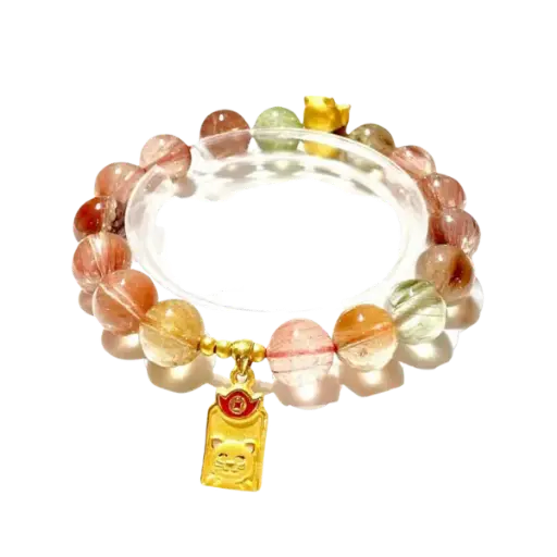 Vòng tay đá thạch anh tóc nâu cam phối Bi mix mèo chiêu tài