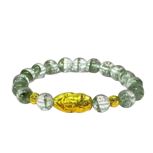 Vòng tay đá ưu linh xanh phối charm Đầu phật mix Bi vàng may mắn