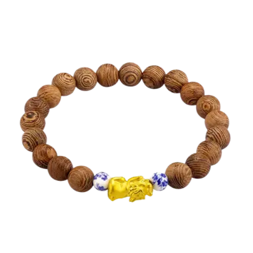 Vòng Gỗ thiên nhiên phối Charm vàng 24K Tỳ hưu Thiên Lộc