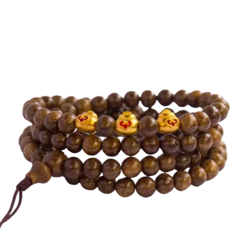 Vòng Trầm 108 Hạt Mix Charm Vàng 24k Túi Tiền May Mắn Tài Lộc