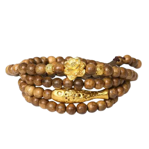 Vòng Trầm 108 Hạt Mix Vàng 24k Hoa Ngư – Hoa Sen Bình An